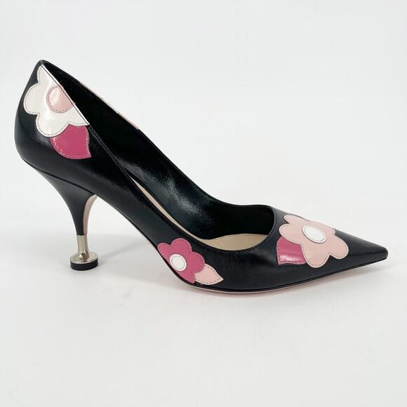 Prada Black Orchidea Nappa Leather Flower Fiori 85mm Pointed Toe Pump IT 38.5 - Picture 3 of 14